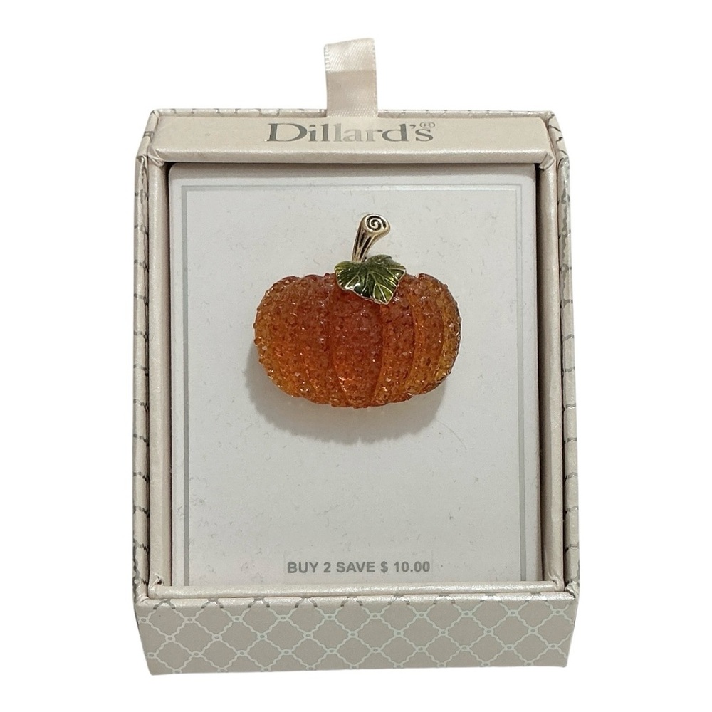 Pumpkin Brooch Pin Orange Rhinestones Green Enamel Leaf Gold Tone Stem For Fall